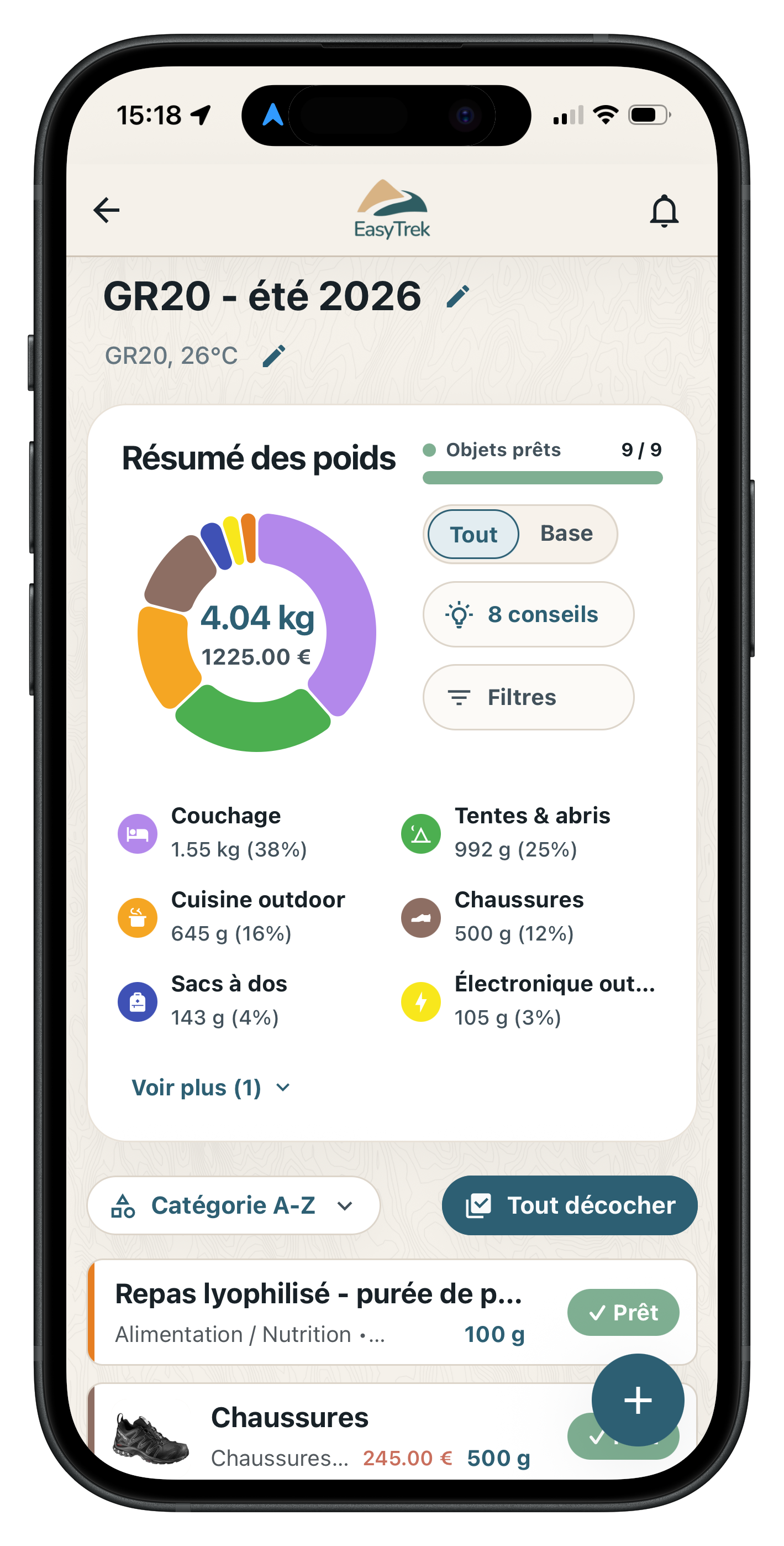 Écran EasyTrek de checklist de préparation de trek
